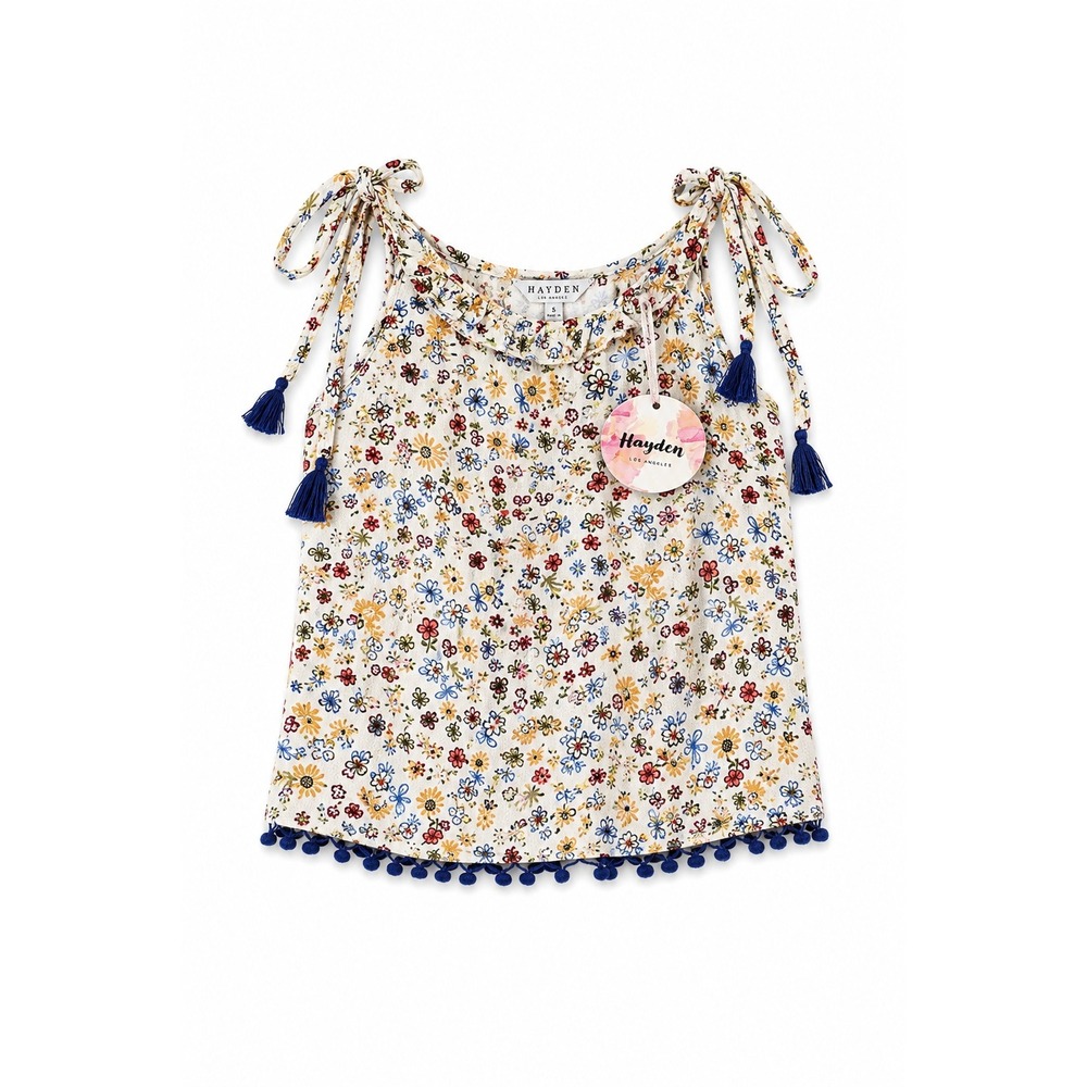Hayden Los Angeles Floral Tie Strap‎ Tank Top Blue Tassel Pom Pom Hem NWT Small - Picture 2 of 9